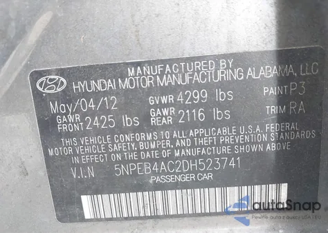 2013 Hyundai Sonata Gls z USA, uszkodzony, nr VIN 5NPEB4AC2DH523741